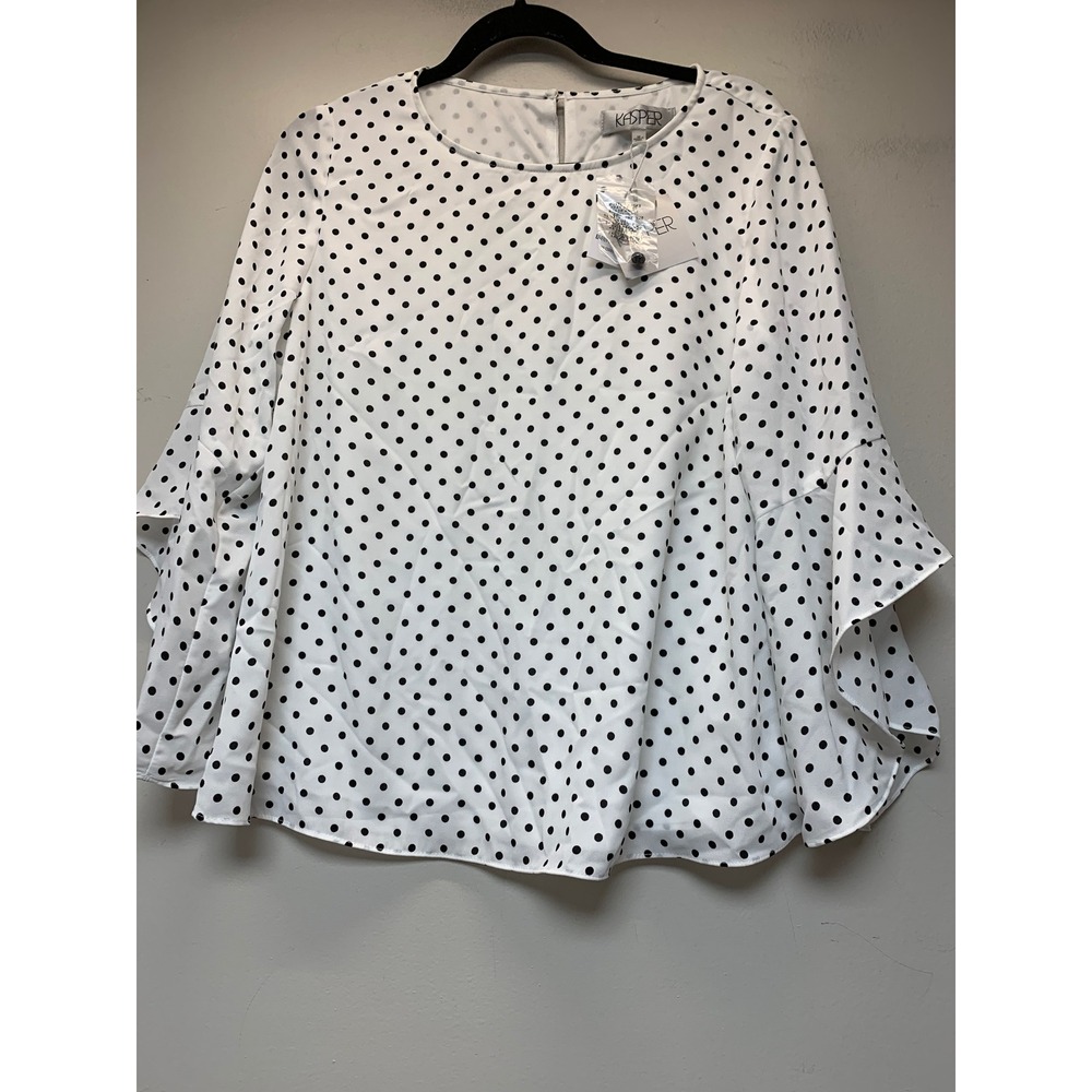 Kasper Blouse Womens Medium White Black NWT Polka Dot Bell Sleeve Ruffle 1091020